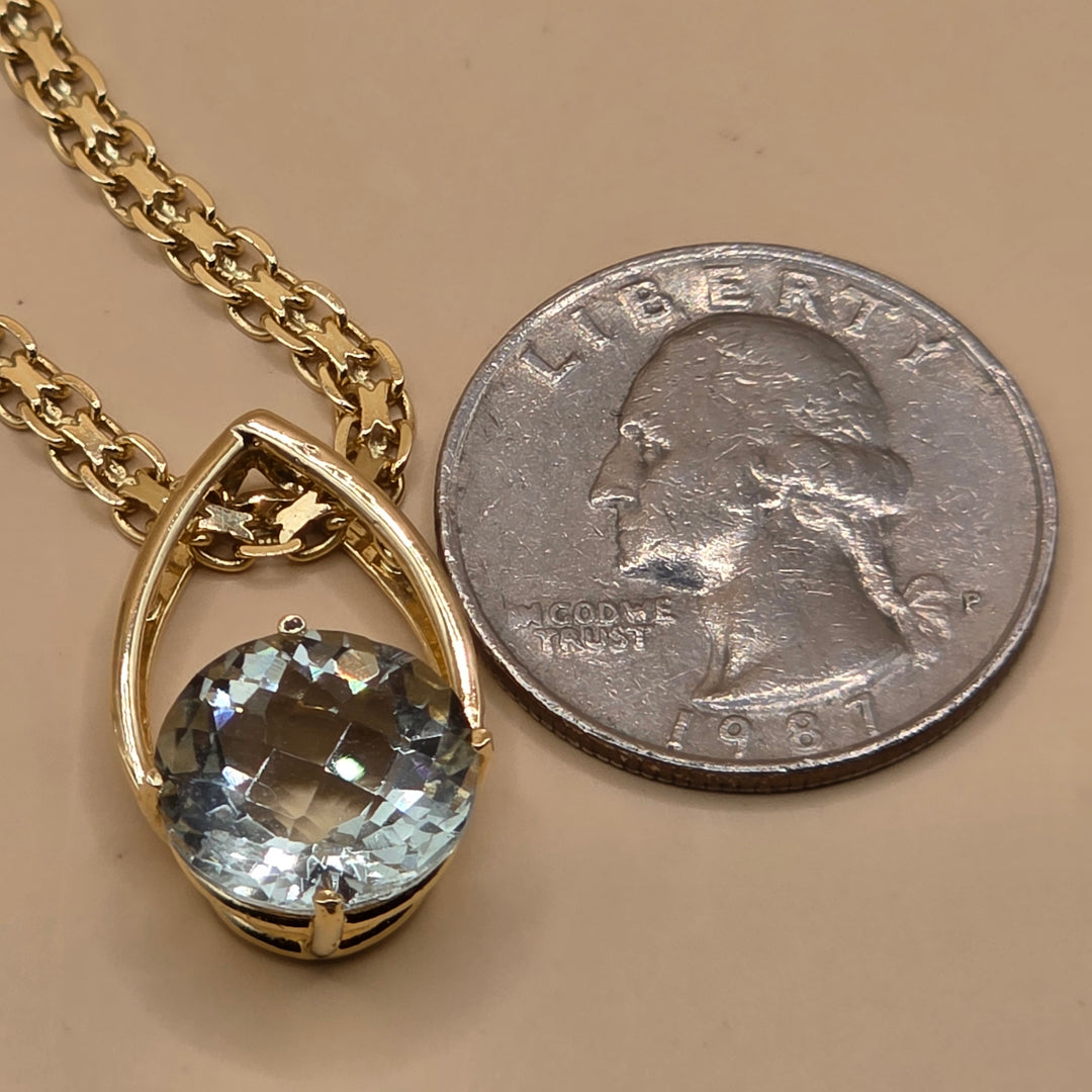 14K Gold, Checkerboard Round Cut Baby Blue Gemstone Necklace