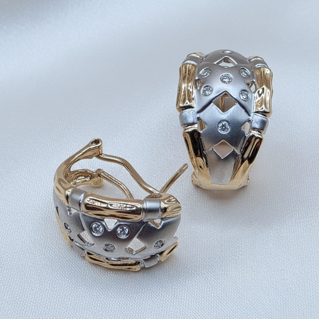 14K Gold & Diamond Geometric Lattice Huggy Stud Earrings