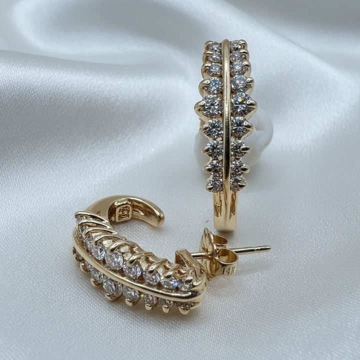 14K Gold & Double Row Diamond J Hook Earrings