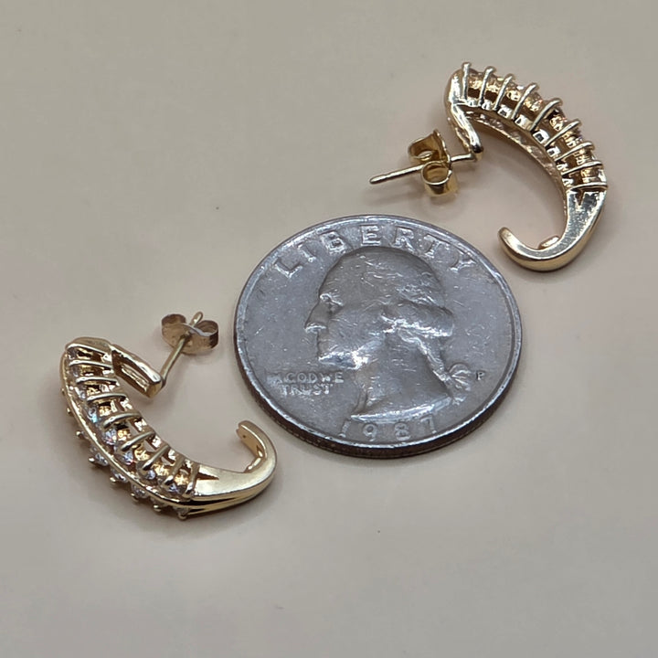 14K Gold & Double Row Diamond J Hook Earrings