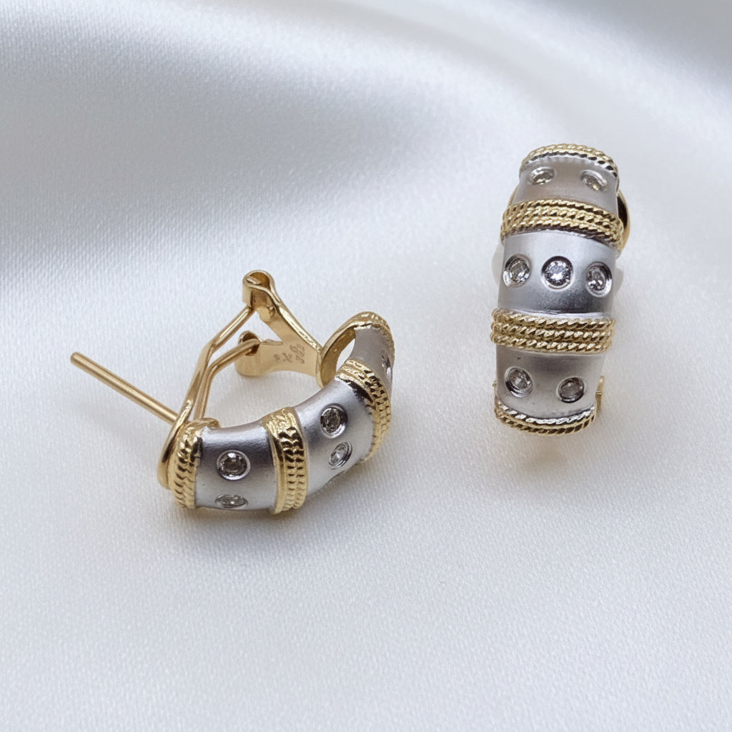 14K White & Yellow Gold & Diamond Huggy Earrings