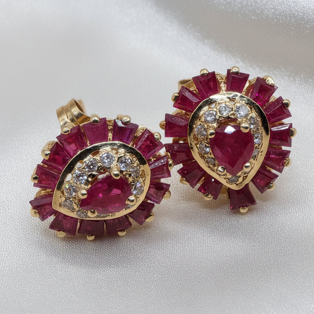 14K Gold, Ruby & Diamond Pear Stud Earrings