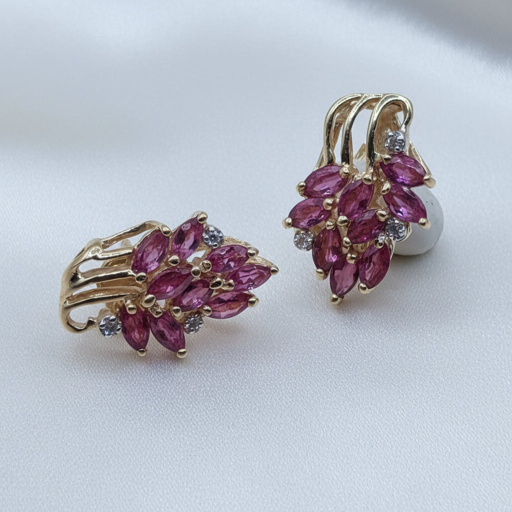 14K Gold, Pink Gemstone & Diamond Raining Floral Earrings