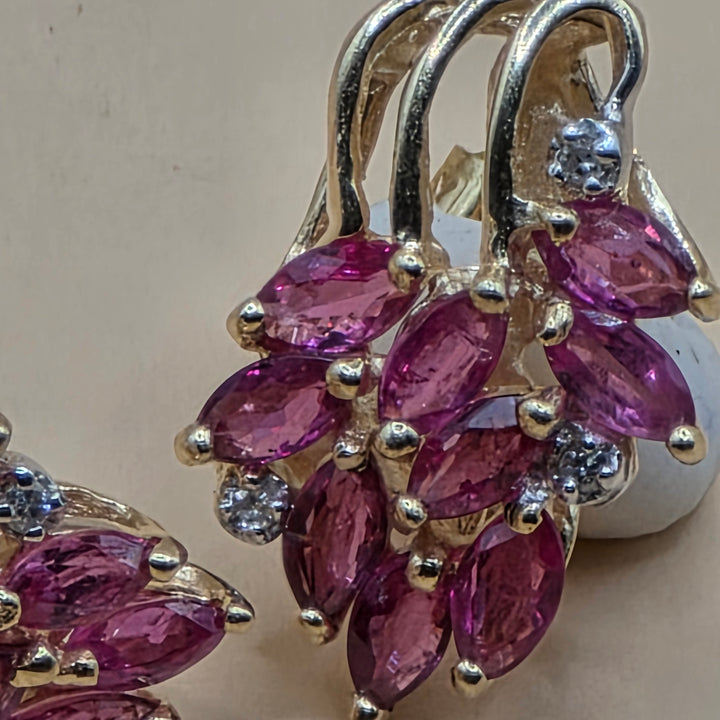 14K Gold, Pink Gemstone & Diamond Raining Floral Earrings