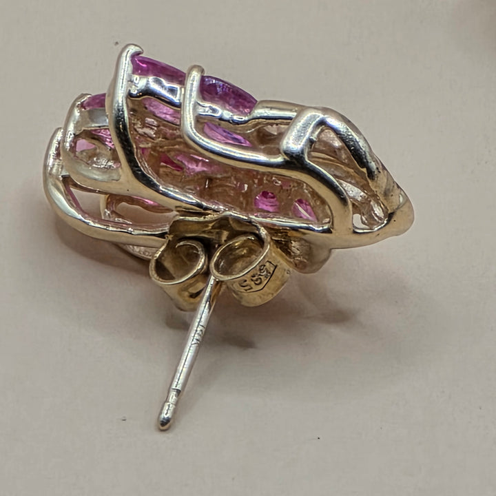 14K Gold, Pink Gemstone & Diamond Raining Floral Earrings