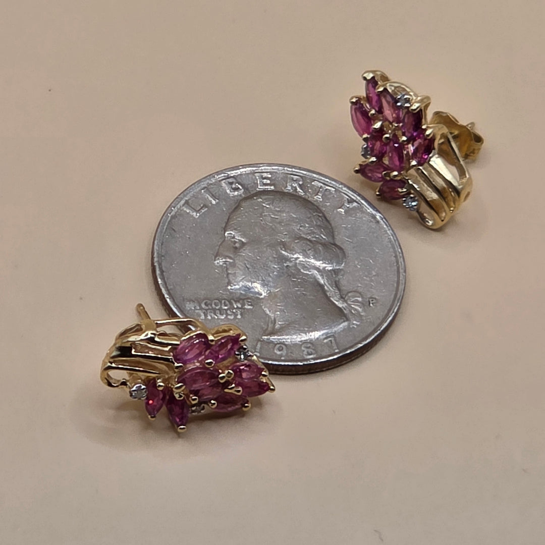 14K Gold, Pink Gemstone & Diamond Raining Floral Earrings