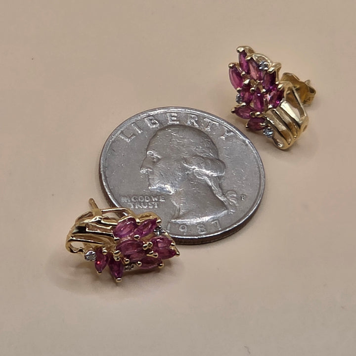 14K Gold, Pink Gemstone & Diamond Raining Floral Earrings