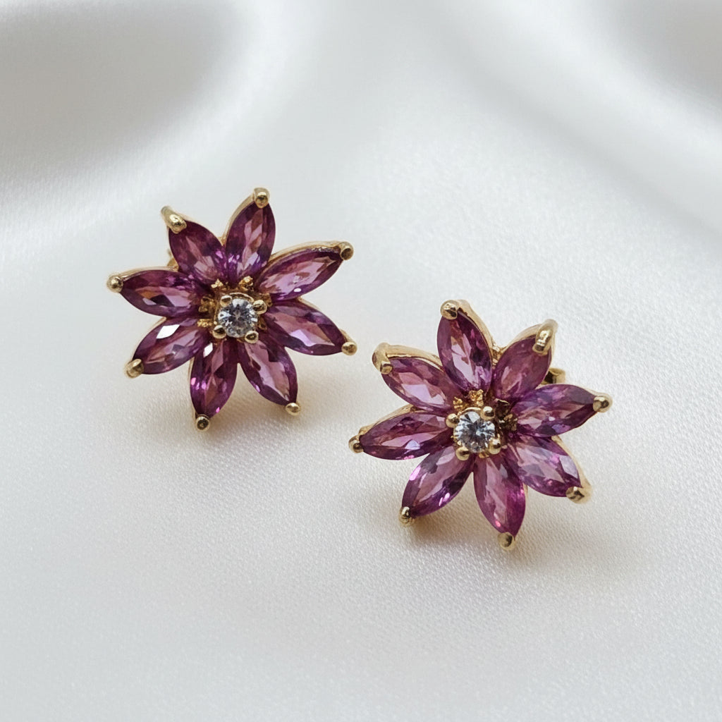 14K Gold, Pink Gemstone & Diamond Floral Stud Earrings