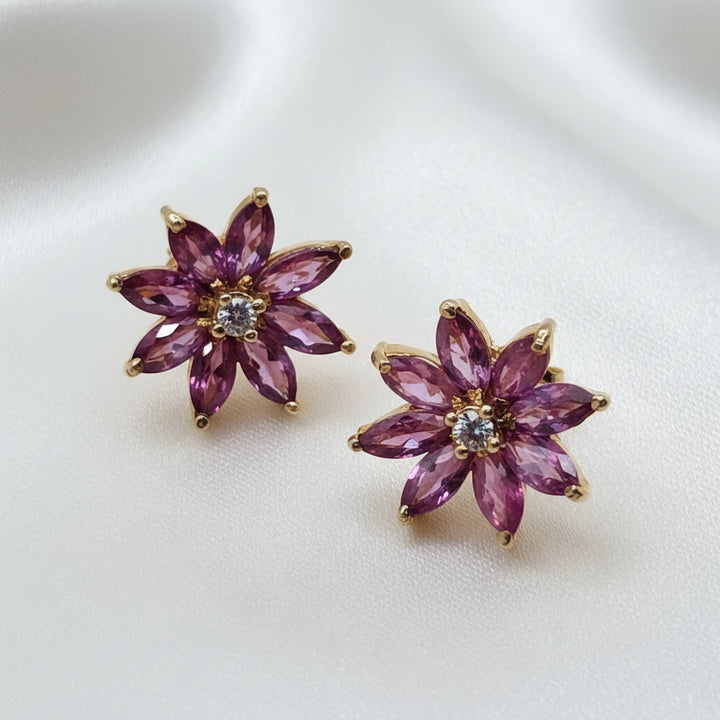 14K Gold, Pink Gemstone & Diamond Floral Stud Earrings