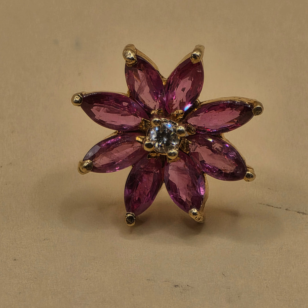 14K Gold, Pink Gemstone & Diamond Floral Stud Earrings