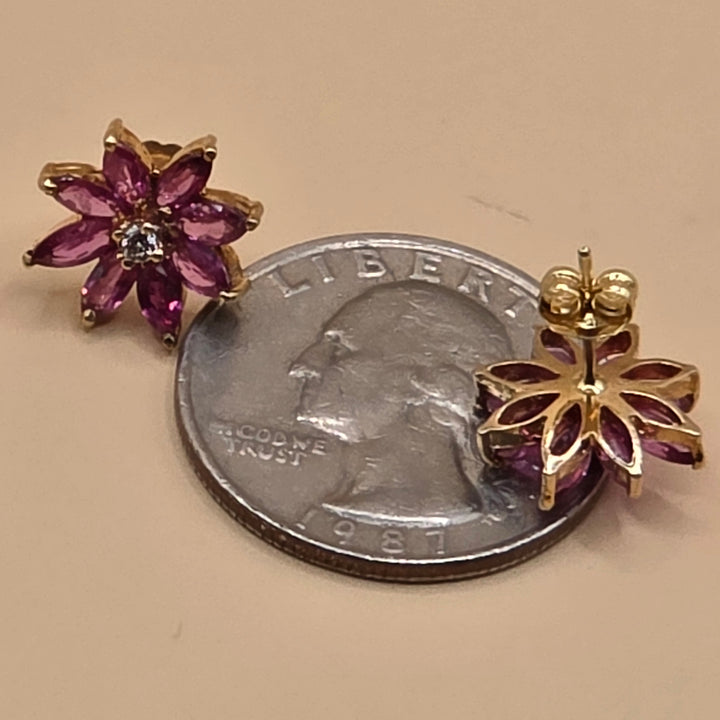 14K Gold, Pink Gemstone & Diamond Floral Stud Earrings
