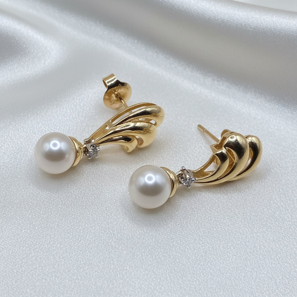 14K Gold, Diamond & Pearl Fluted Wing Dangle Earrings
