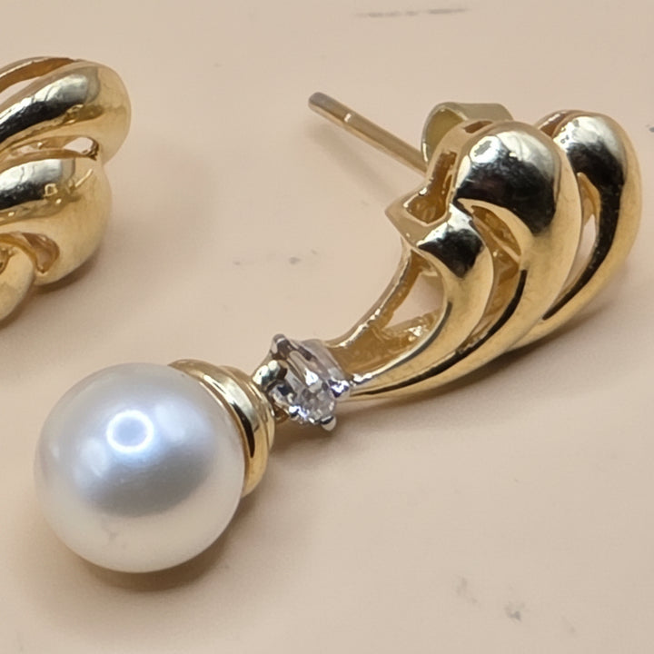 14K Gold, Diamond & Pearl Fluted Wing Dangle Earrings