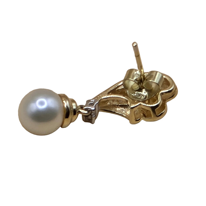 14K Gold, Diamond & Pearl Fluted Wing Dangle Earrings