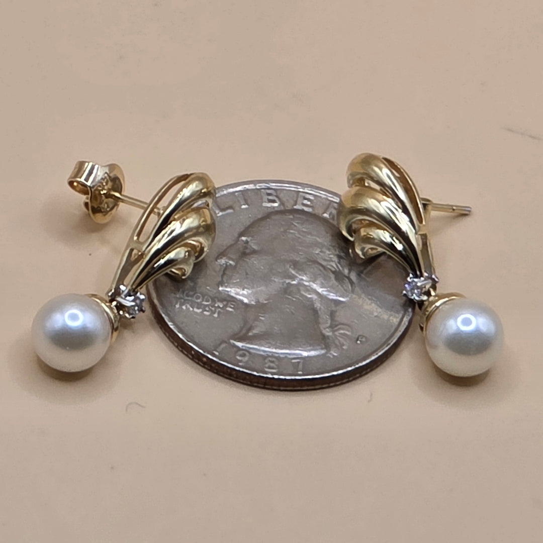 14K Gold, Diamond & Pearl Fluted Wing Dangle Earrings