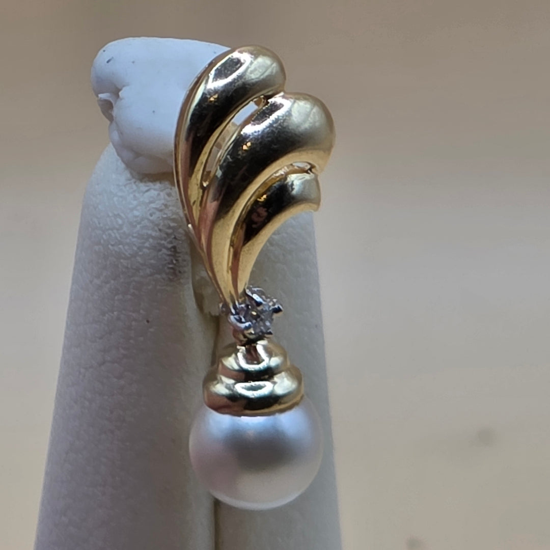 14K Gold, Diamond & Pearl Fluted Wing Dangle Earrings