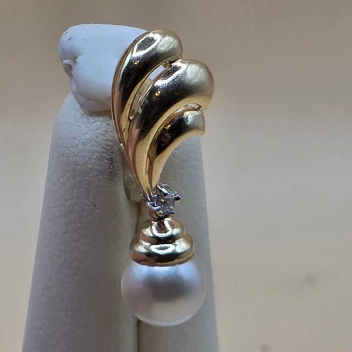 14K Gold, Diamond & Pearl Fluted Wing Dangle Earrings