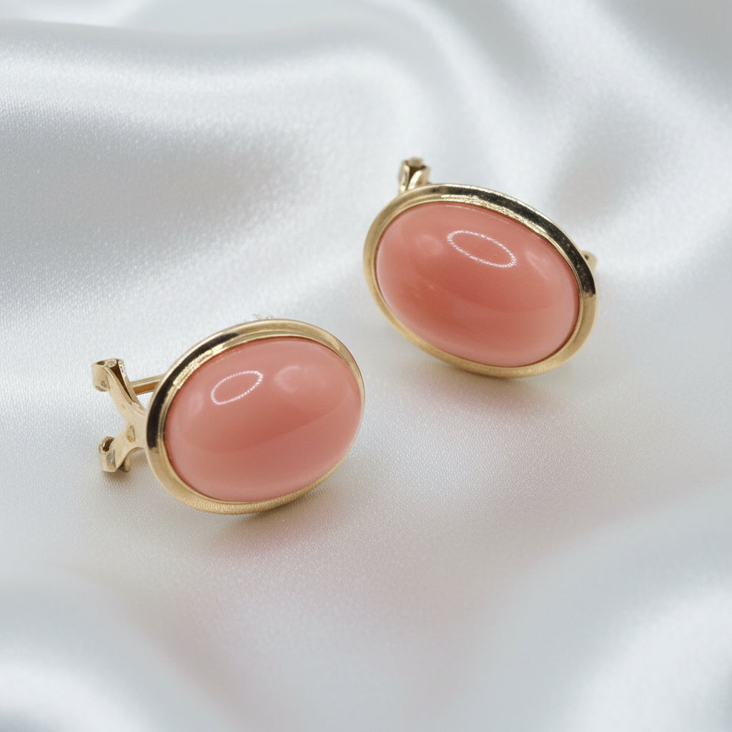 14K Gold & Oval Cabochon Pink Coral Stud Earrings