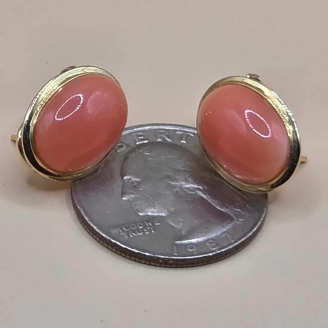 14K Gold & Oval Cabochon Pink Coral Stud Earrings
