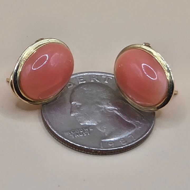 14K Gold & Oval Cabochon Pink Coral Stud Earrings