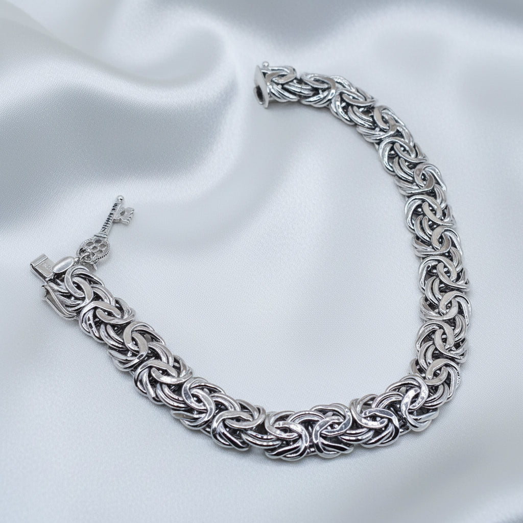 14K White Gold Byzantine Statement Bracelet w Key Charm