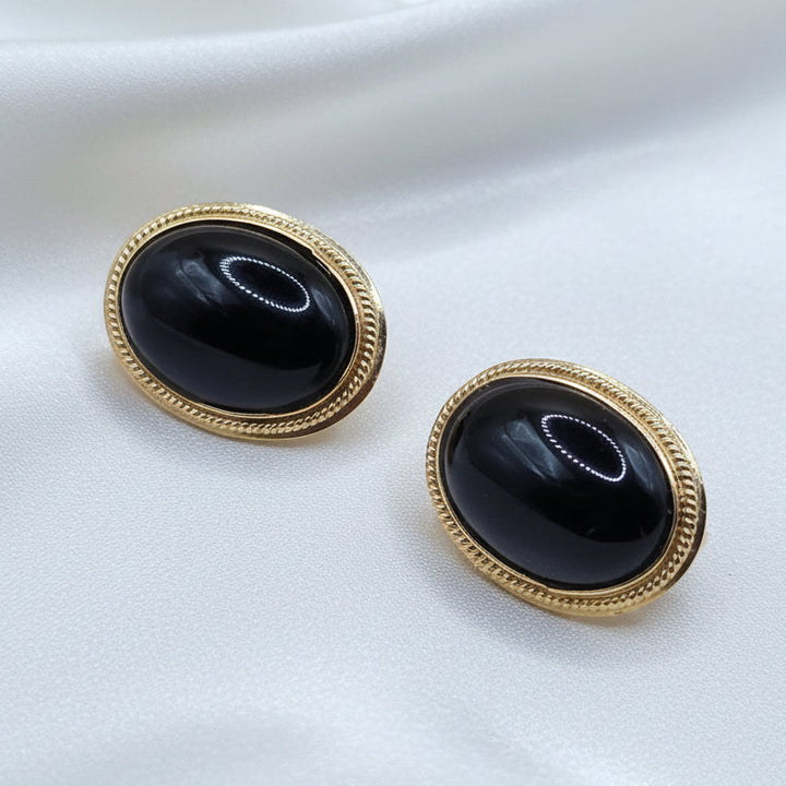 14K Gold & Black Cabochon Oval Stud Earrings