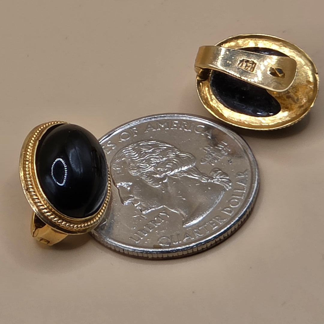 14K Gold & Black Cabochon Oval Stud Earrings