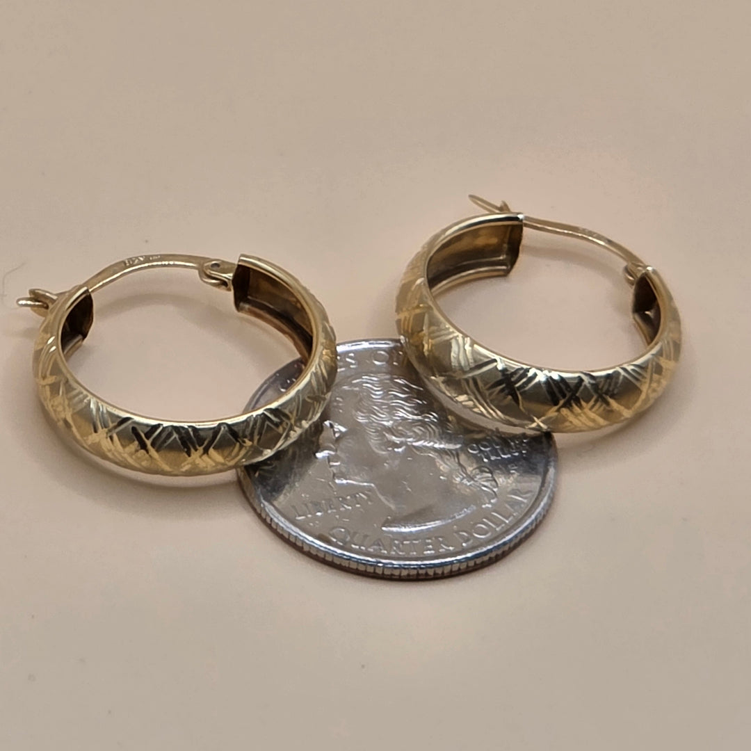 14K Yellow Gold Rough Basketweave Hoop Earrings