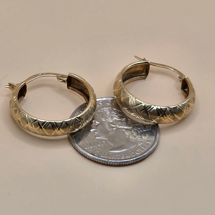 14K Yellow Gold Rough Basketweave Hoop Earrings