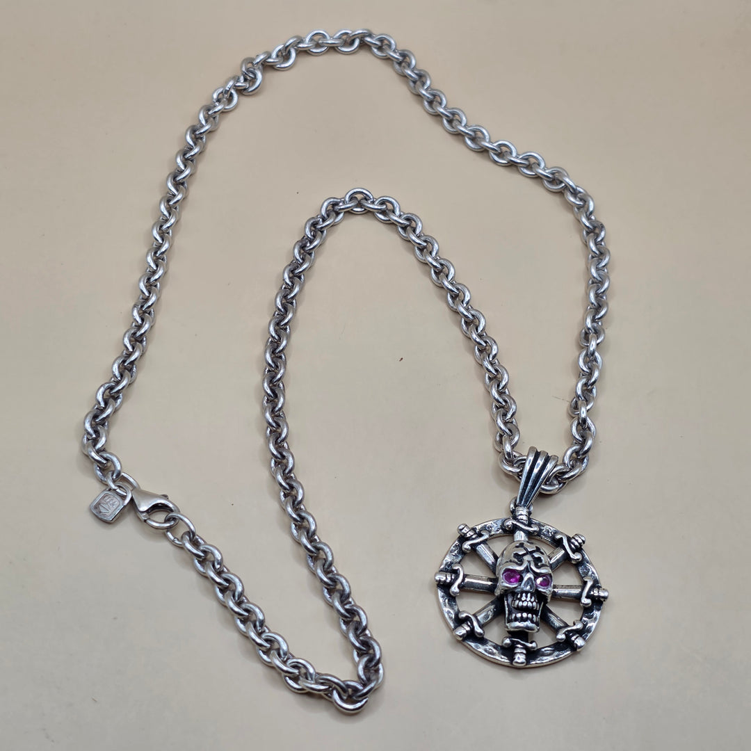 Sterling Silver Dagger Ship Wheel Skull Necklace