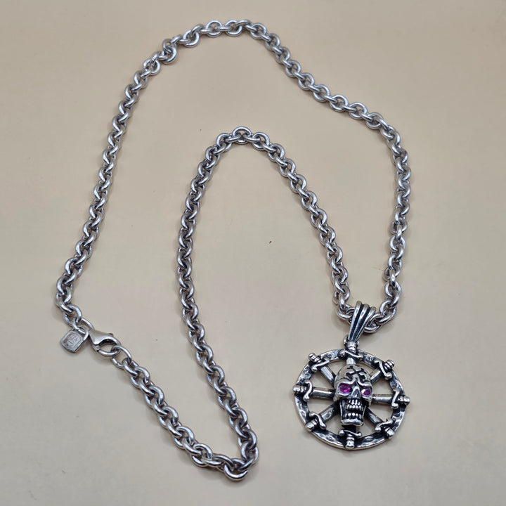 Sterling Silver Dagger Ship Wheel Skull Necklace