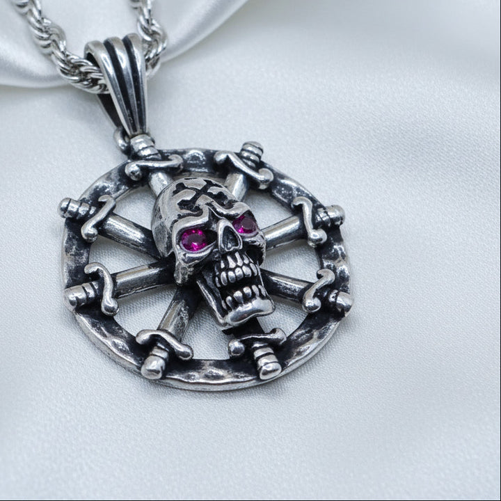 Sterling Silver Dagger Ship Wheel Skull Necklace