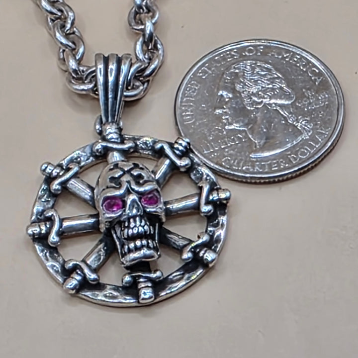 Sterling Silver Dagger Ship Wheel Skull Necklace