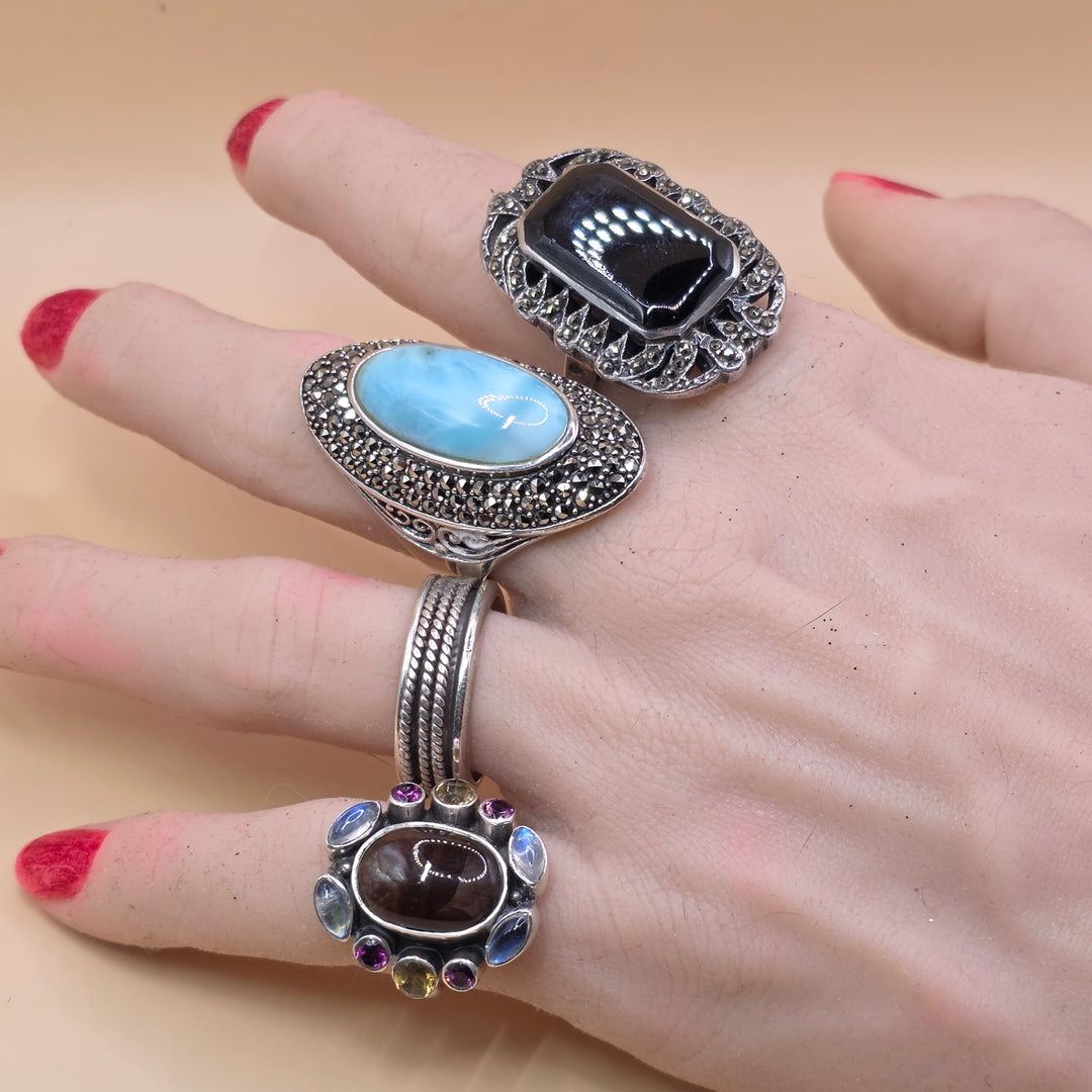 Large Sterling Silver Onyx North-South Statement Ring