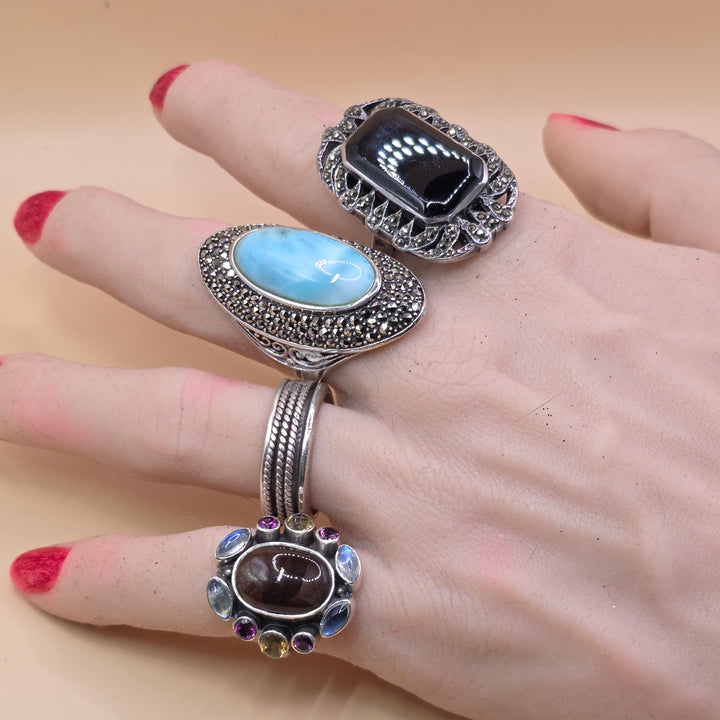 Large Sterling Silver Onyx North-South Statement Ring