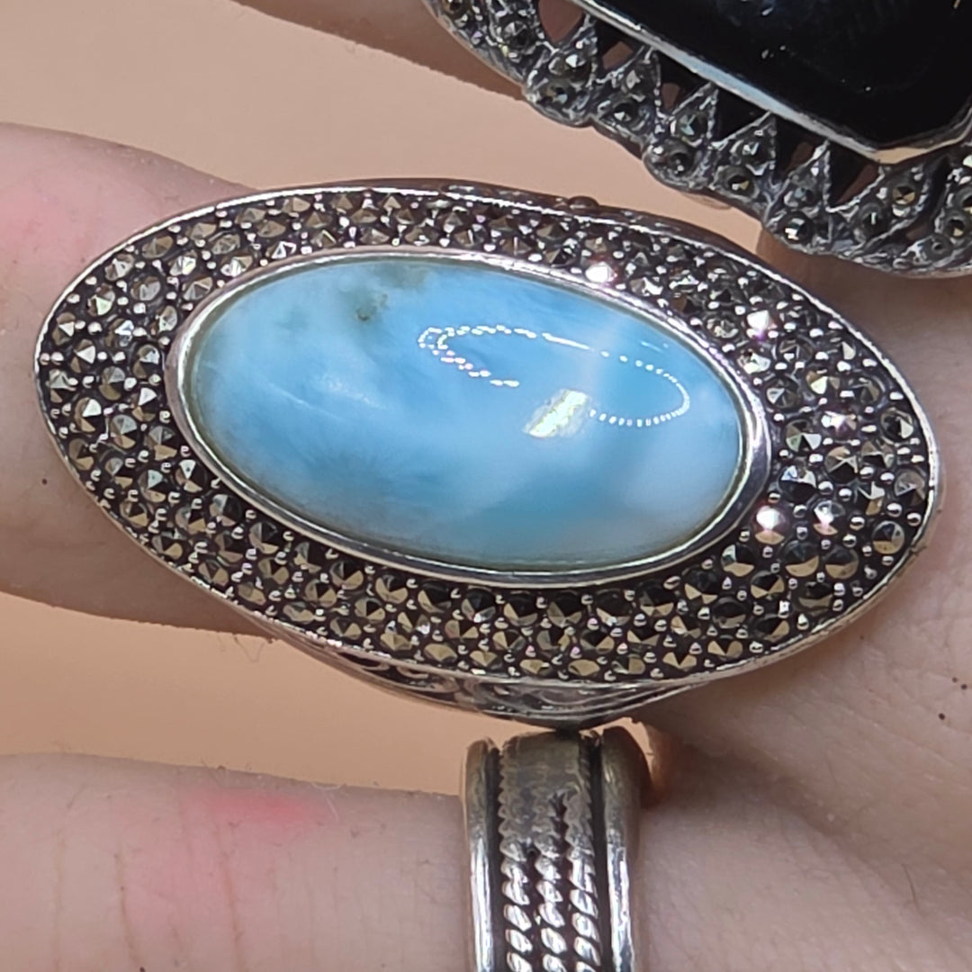 Large Sterling Silver Cabochon Larimar North-South Statement Ring