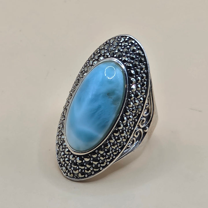 Large Sterling Silver Cabochon Larimar North-South Statement Ring