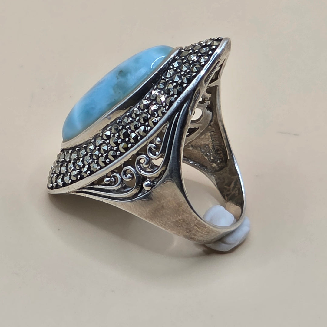Large Sterling Silver Cabochon Larimar North-South Statement Ring