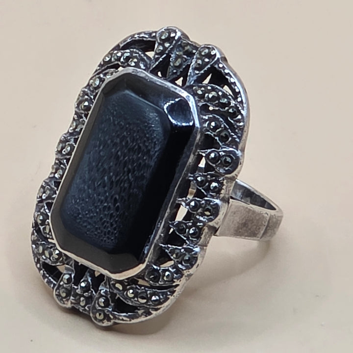 Large Sterling Silver Onyx North-South Statement Ring