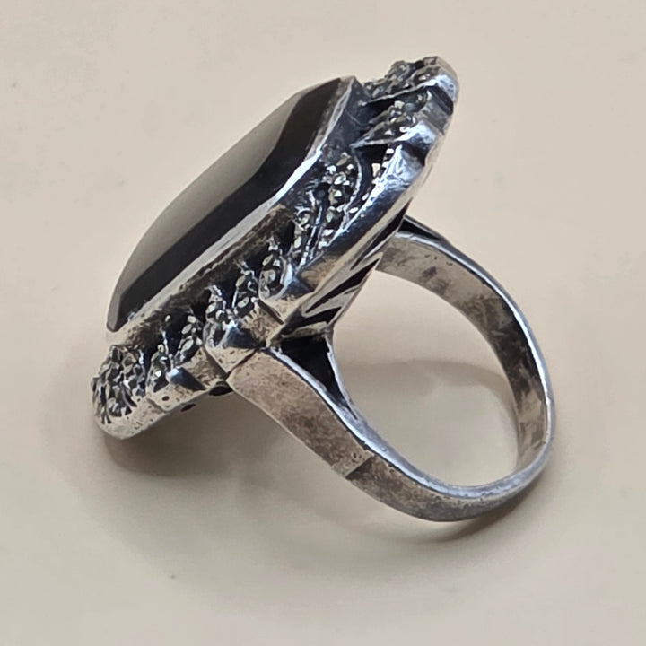 Large Sterling Silver Onyx North-South Statement Ring