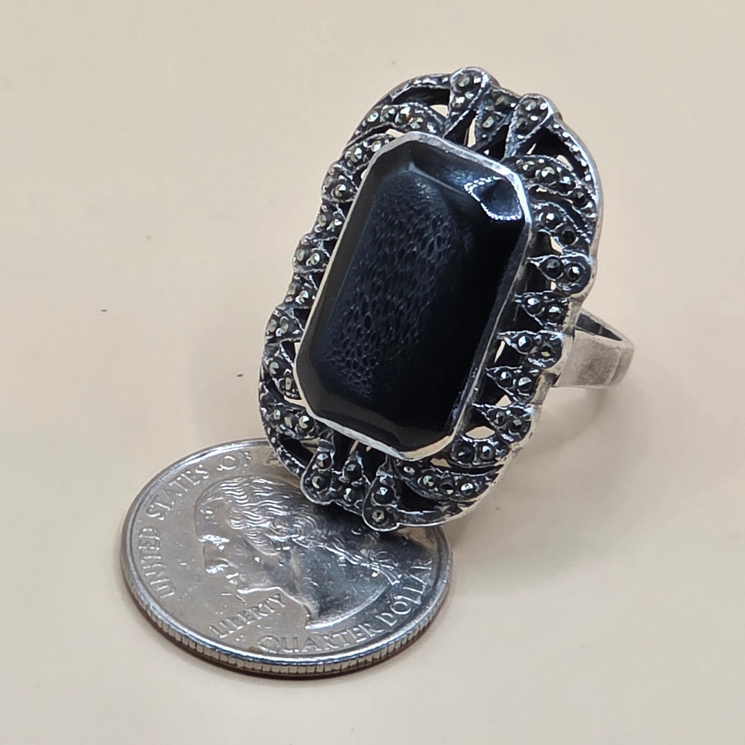 Large Sterling Silver Onyx North-South Statement Ring