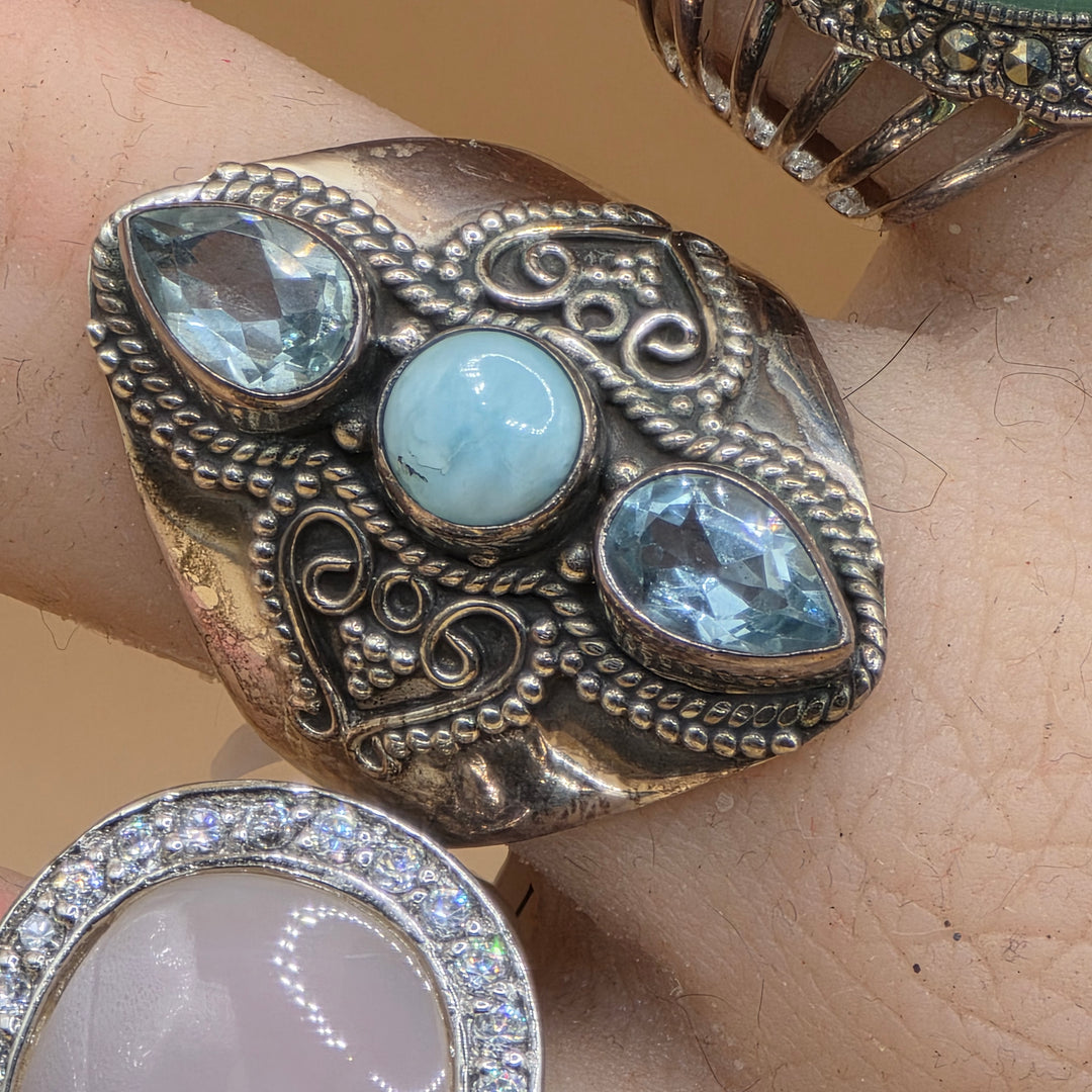 Sterling Silver Blue Topaz & Cabochon Larimar Statement Ring