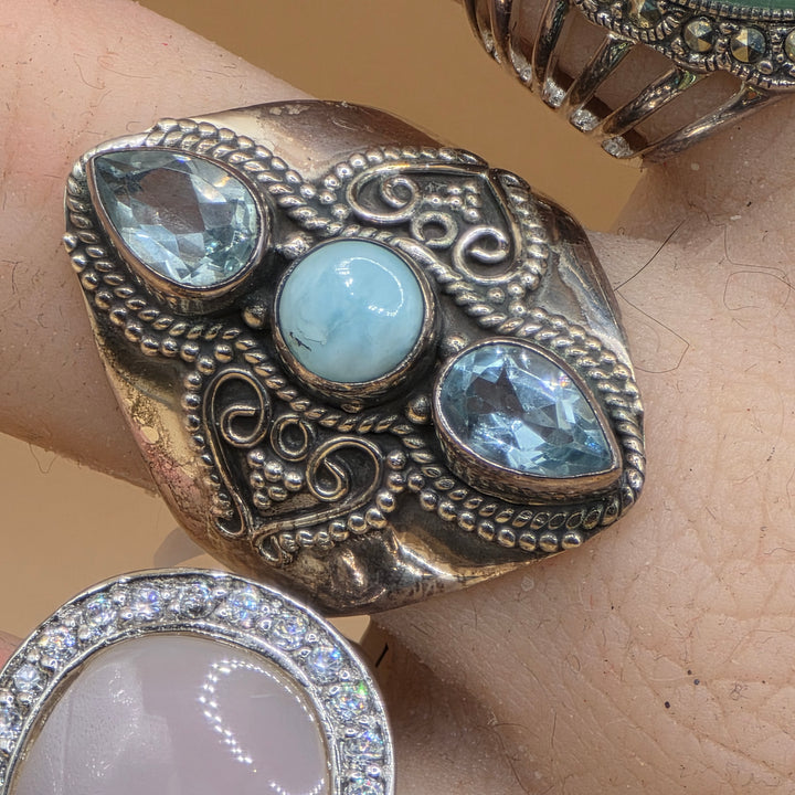 Sterling Silver Blue Topaz & Cabochon Larimar Statement Ring