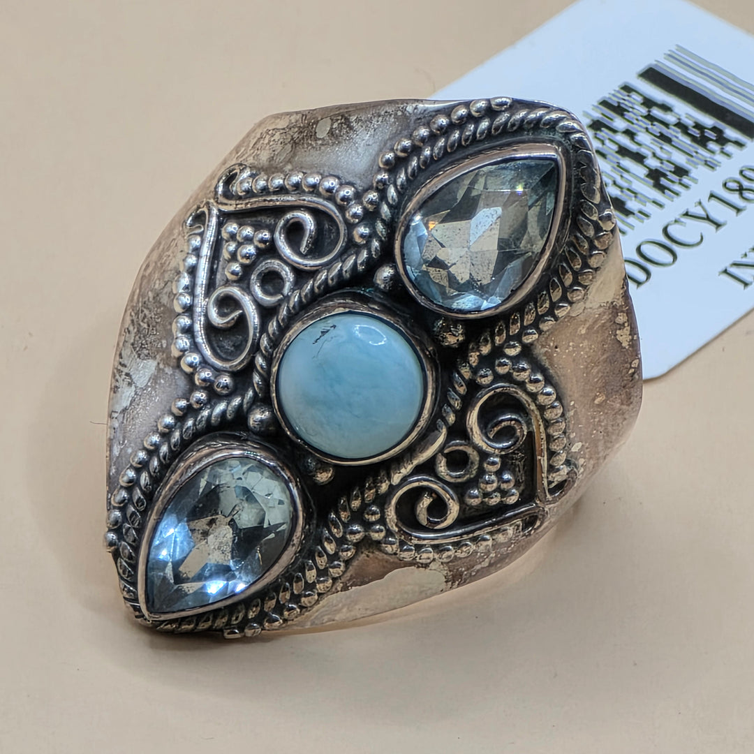 Sterling Silver Blue Topaz & Cabochon Larimar Statement Ring