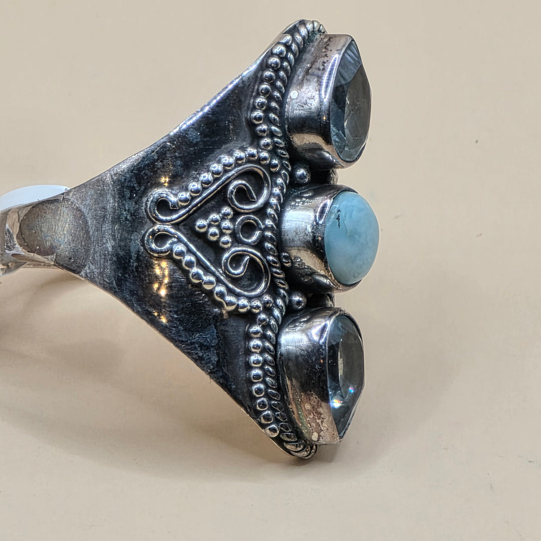 Sterling Silver Blue Topaz & Cabochon Larimar Statement Ring