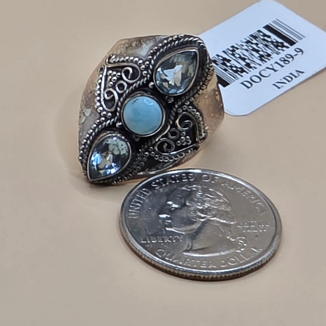 Sterling Silver Blue Topaz & Cabochon Larimar Statement Ring