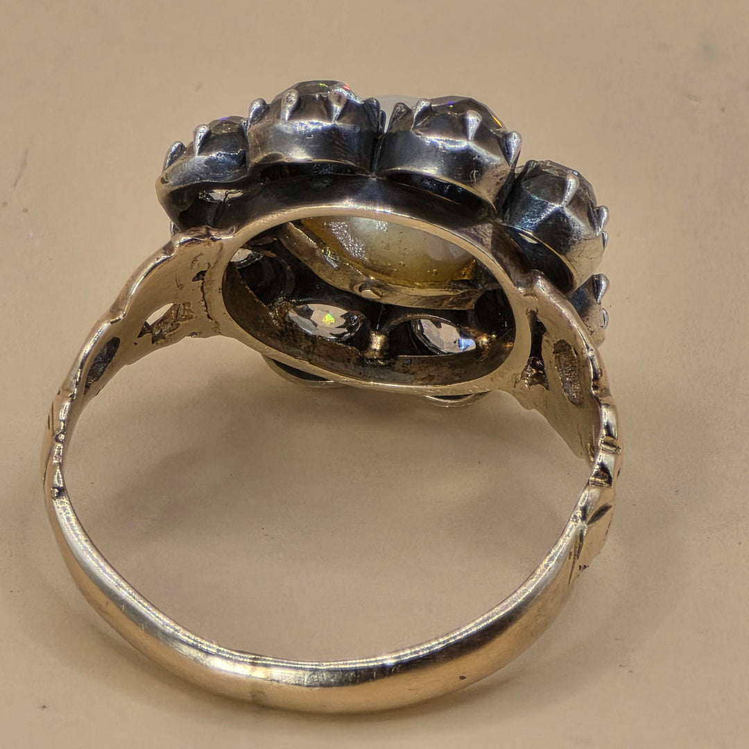 10K Gold, Pearl & CZ Flower Statement Ring