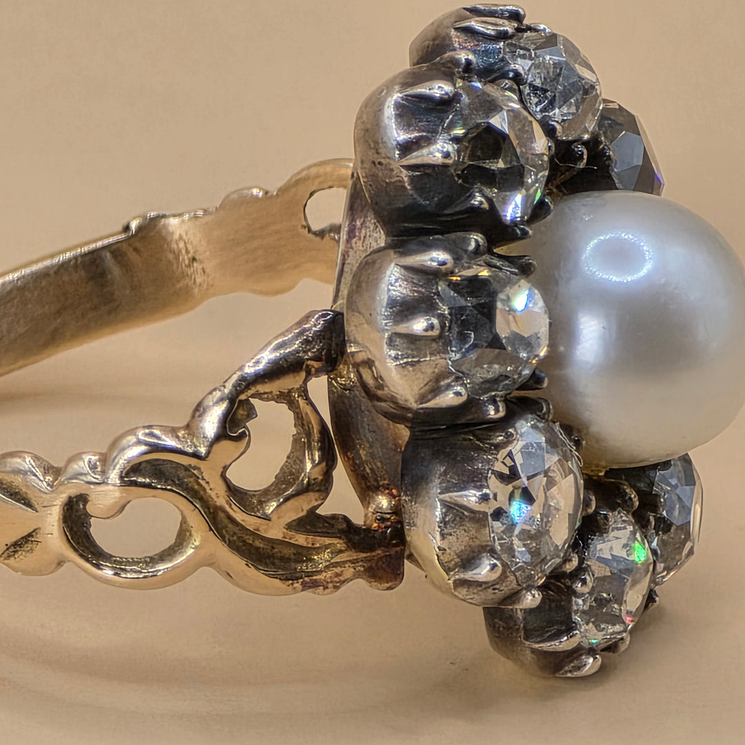 10K Gold, Pearl & CZ Flower Statement Ring