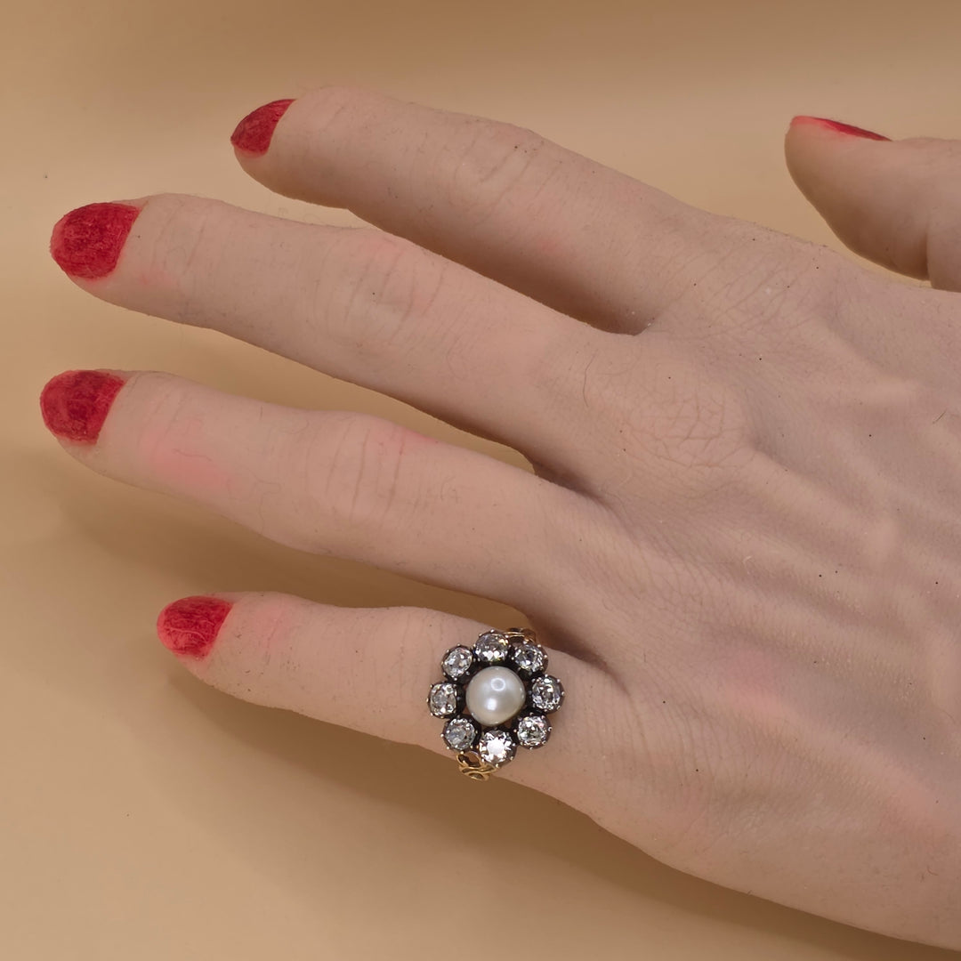 10K Gold, Pearl & CZ Flower Statement Ring
