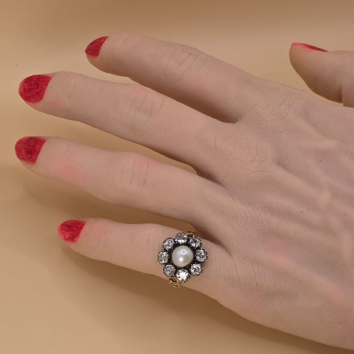 10K Gold, Pearl & CZ Flower Statement Ring